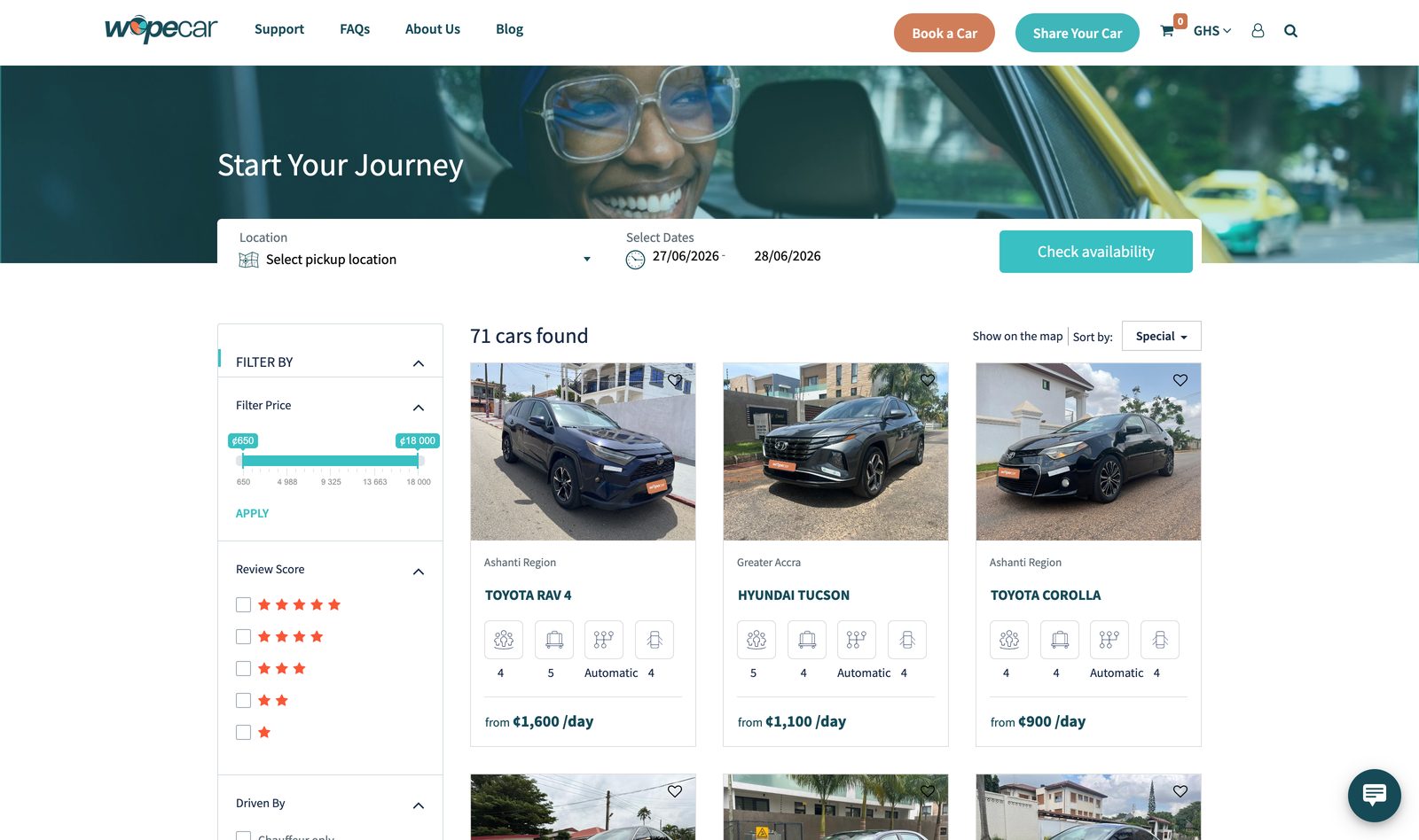 WopeCar Start Your Journey fleet listing showing 71 cars found in a grid with price and review filters and from per-day rates