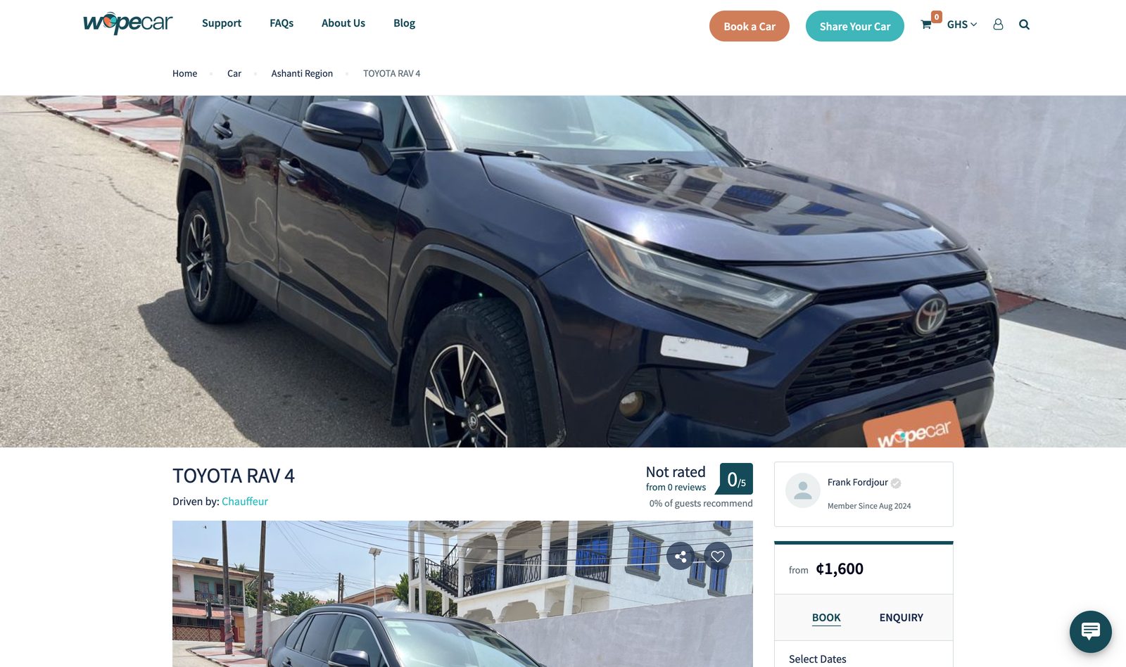 WopeCar Toyota RAV4 car detail page with a vehicle gallery, owner profile, ratings, and a from price with Book and Enquiry tabs
