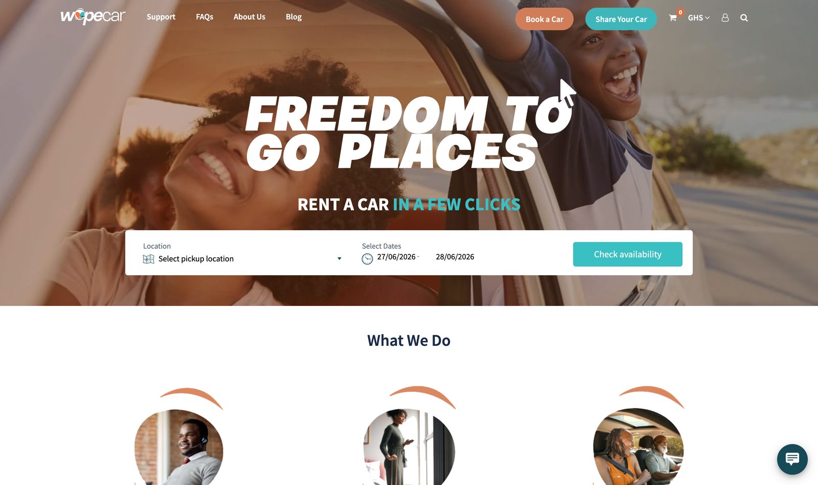 WopeCar homepage with a teal Freedom To Go Places hero and a location and date booking bar above a What We Do section