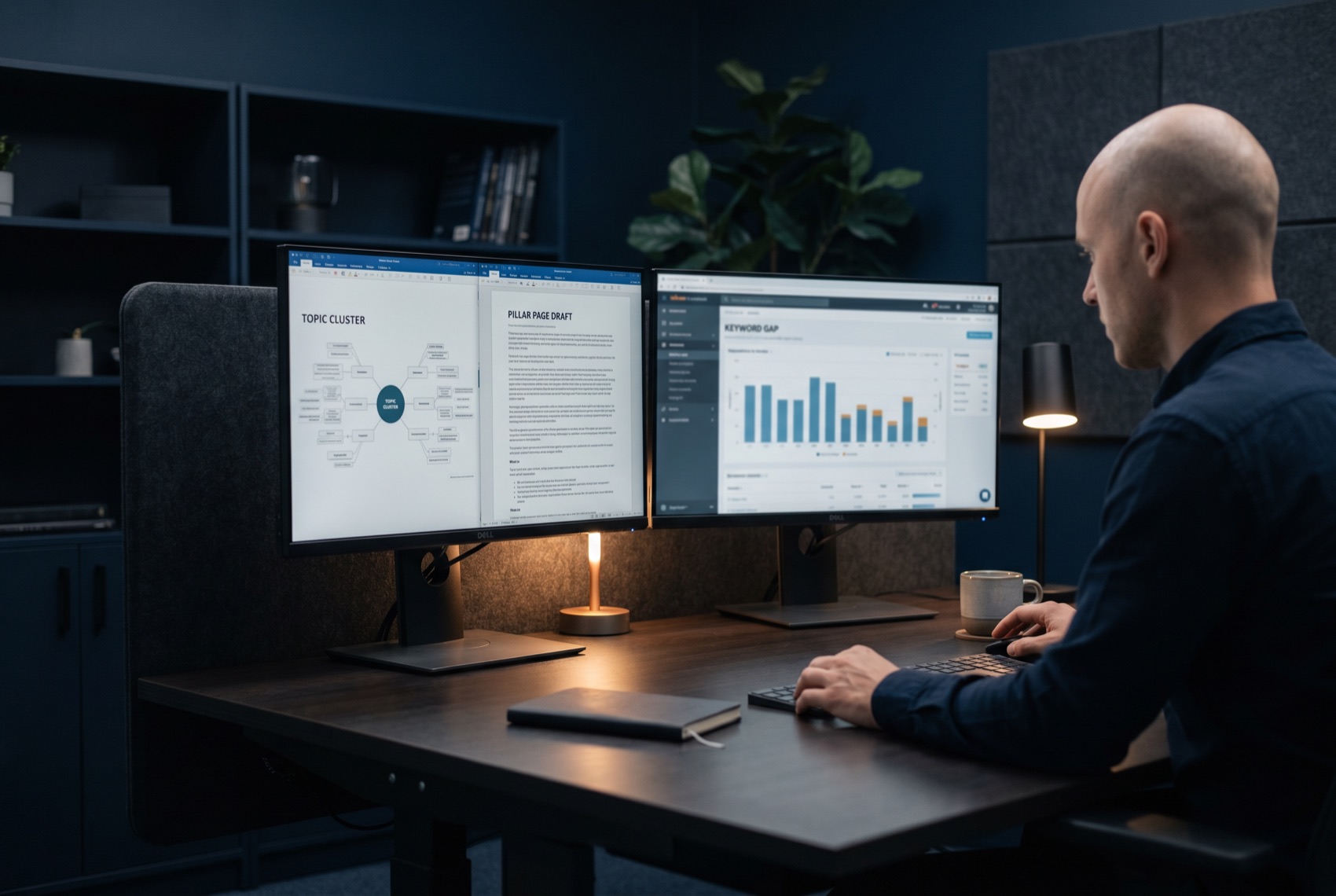 An SEO content strategist reviewing a topic-cluster map, a pillar-page draft, and a keyword-gap view