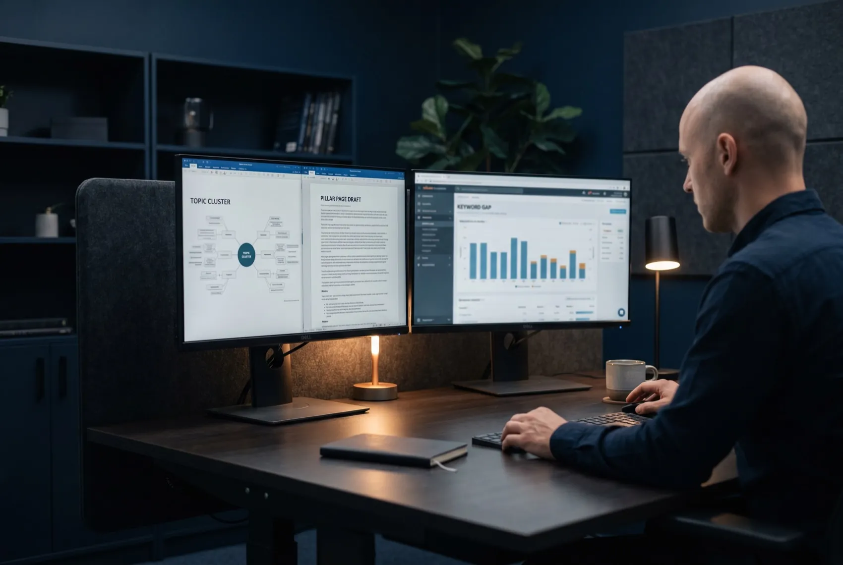 An SEO content strategist reviewing a topic-cluster map, a pillar-page draft, and a keyword-gap view