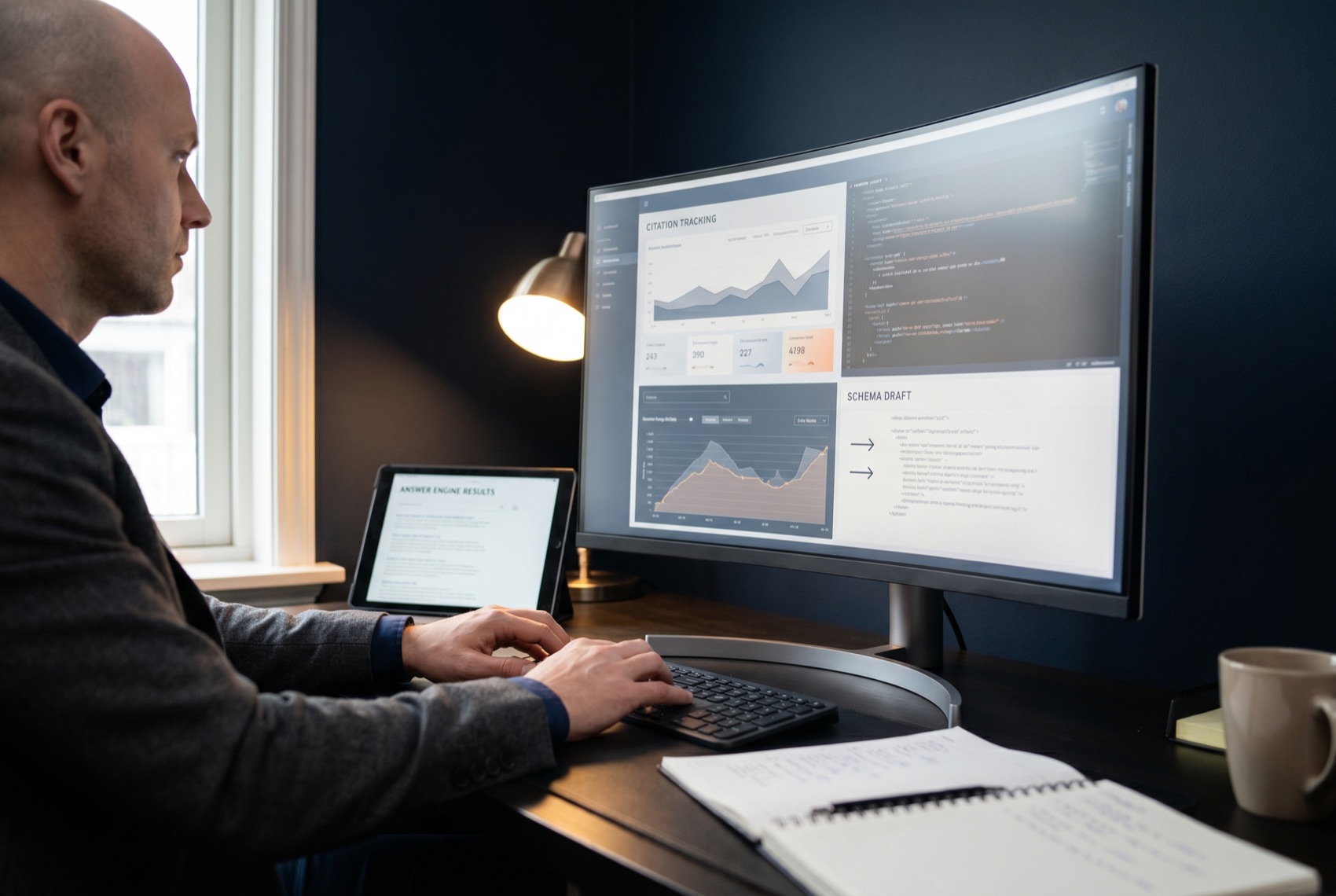 An AIEO specialist reviewing a citation-tracking dashboard and a schema-marked draft