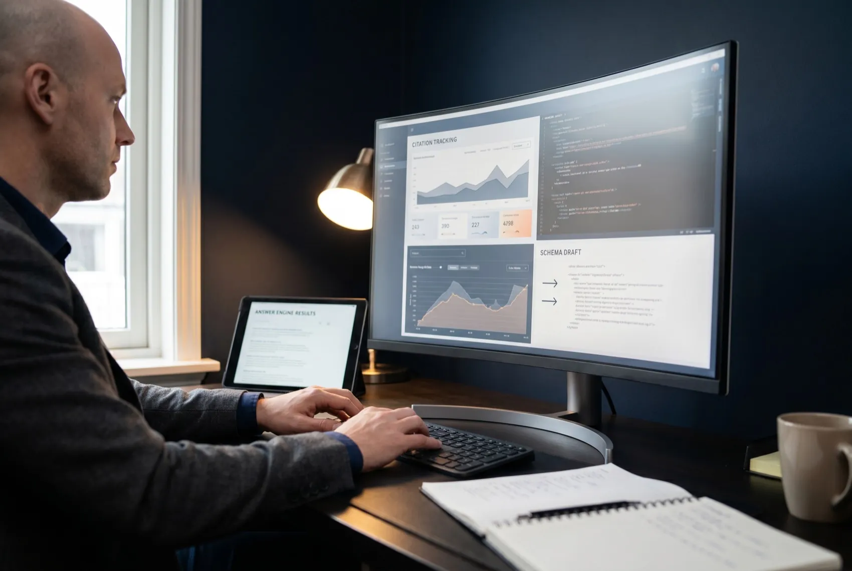 An AIEO specialist reviewing a citation-tracking dashboard and a schema-marked draft