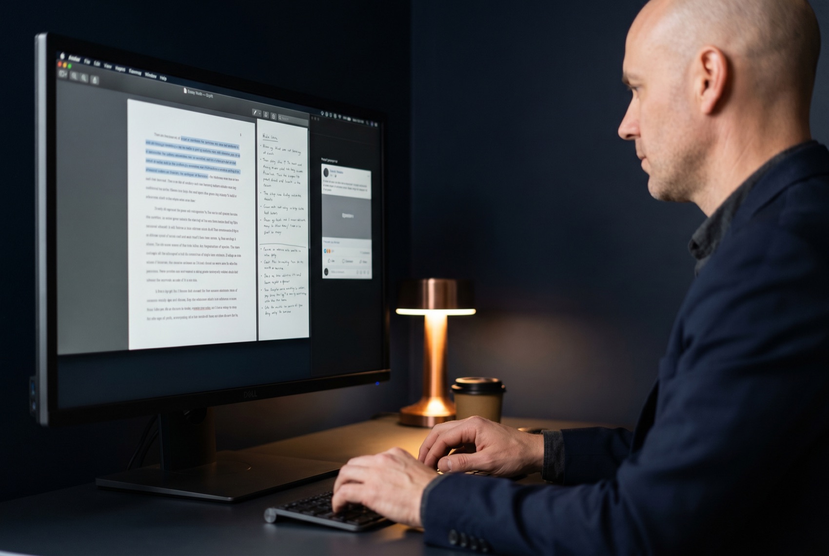 A senior editor reviewing an executive ghostwritten essay draft beside interview notes