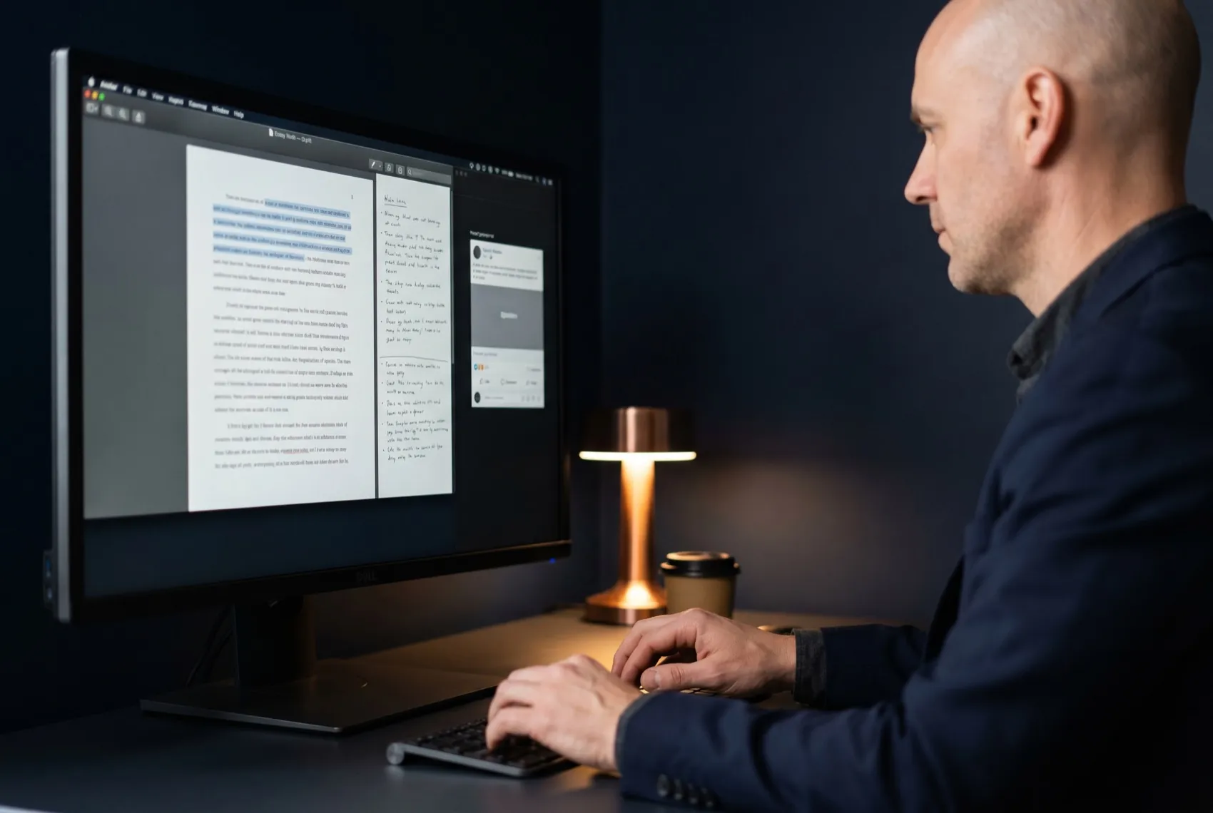 A senior editor reviewing an executive ghostwritten essay draft beside interview notes
