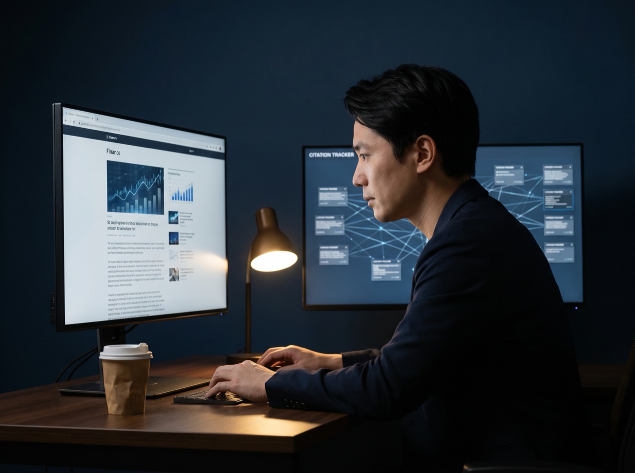 A content analyst reviewing a compliance-checked finance article and a citation-tracking view