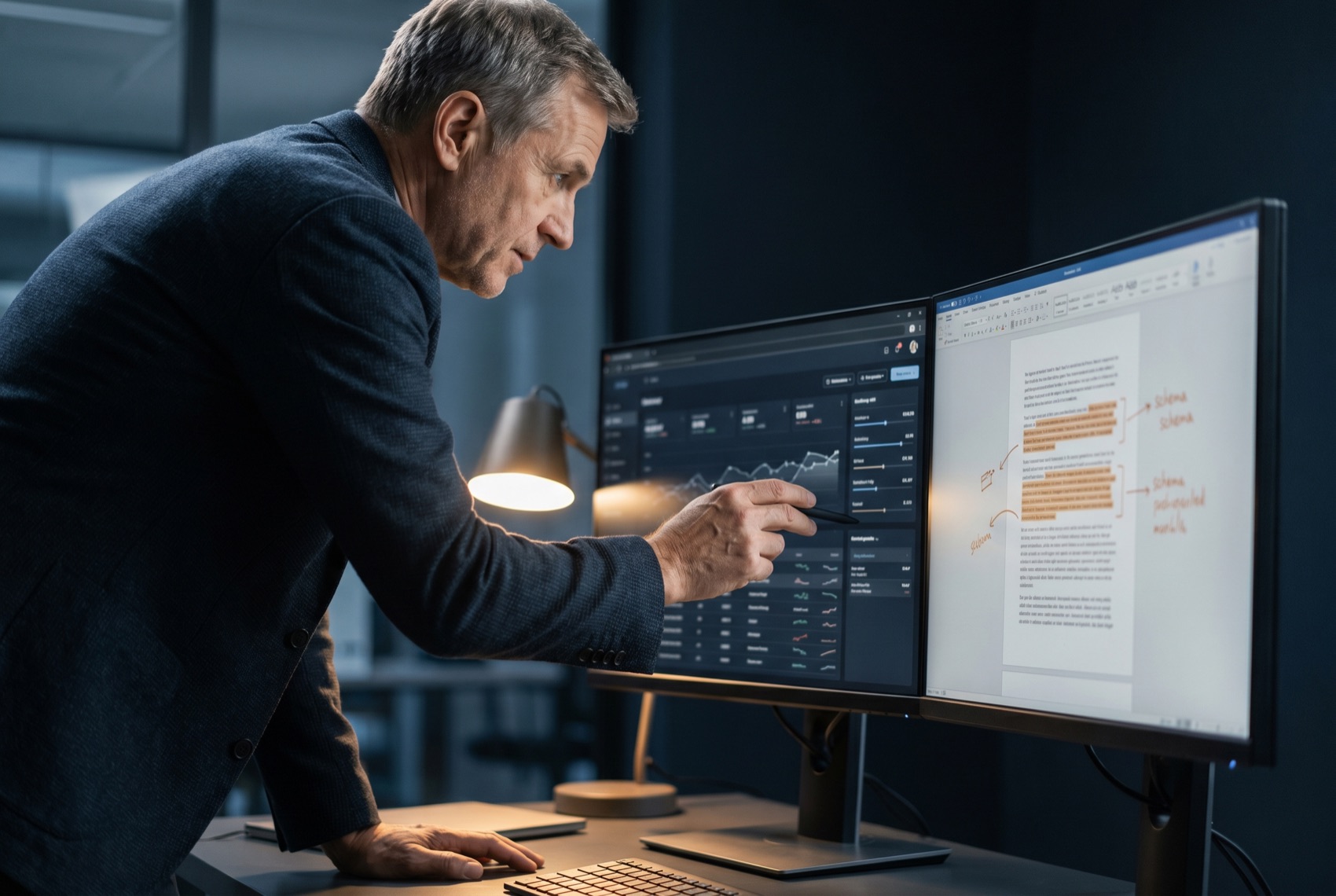 A senior AIEO specialist reviewing a citation-tracking dashboard and a schema-marked draft