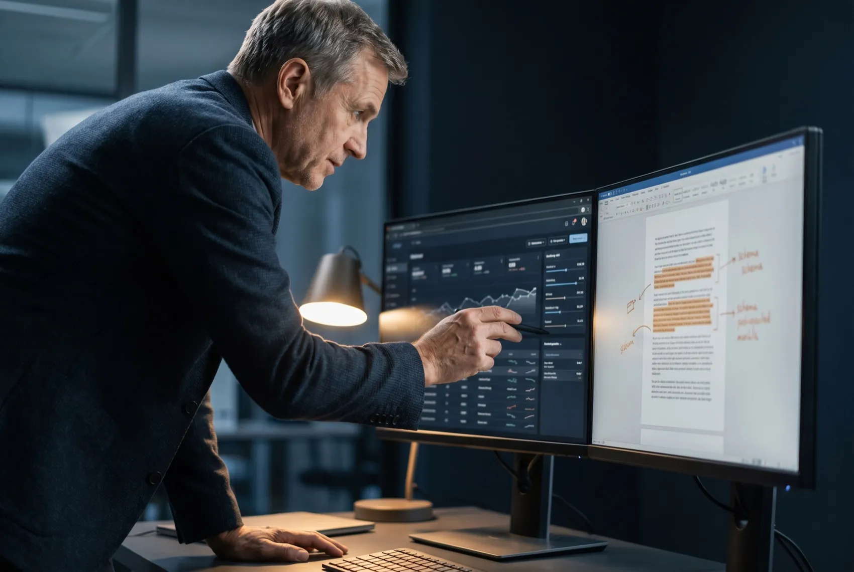 A senior AIEO specialist reviewing a citation-tracking dashboard and a schema-marked draft