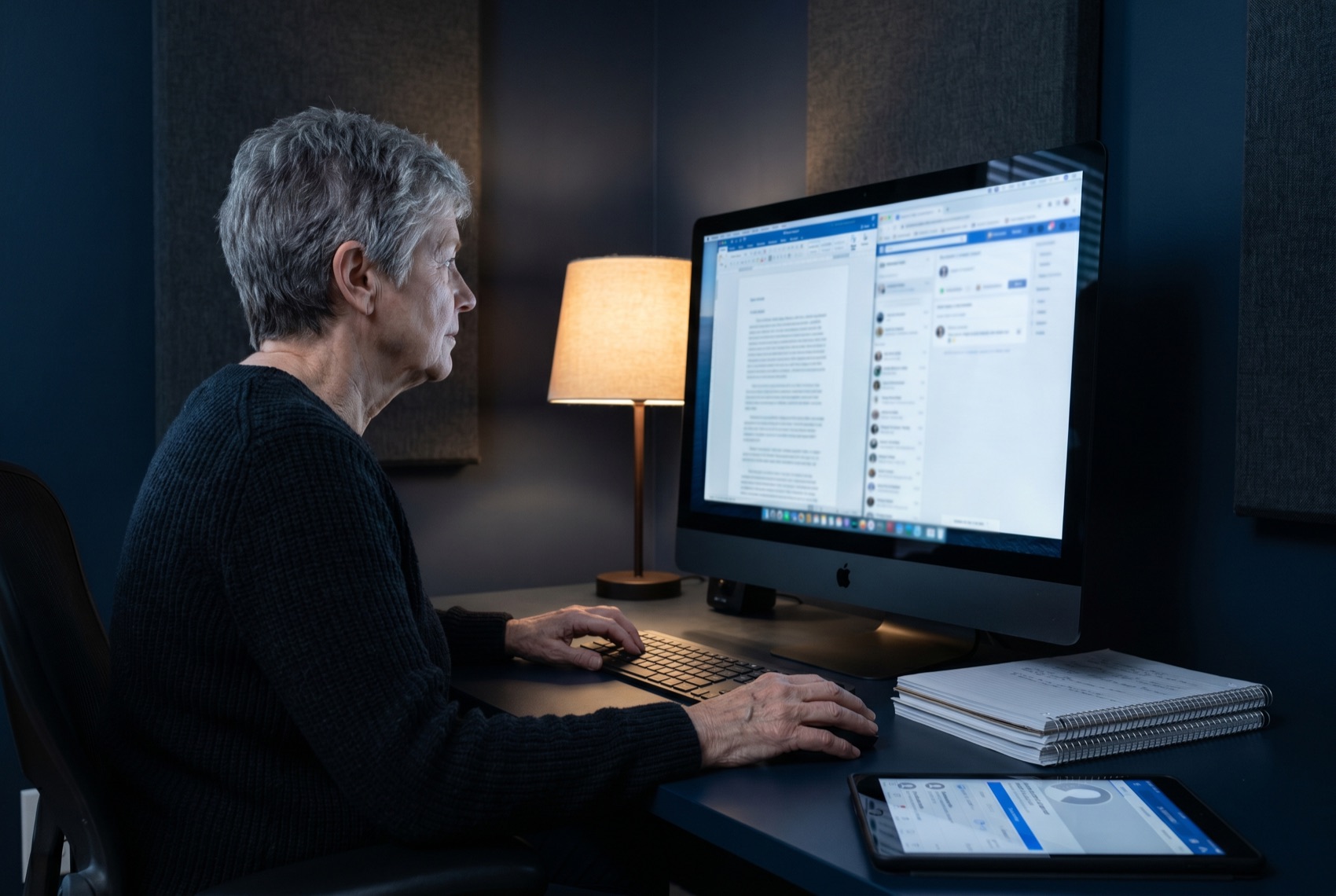 A senior editor reviewing an executive essay draft beside interview notes