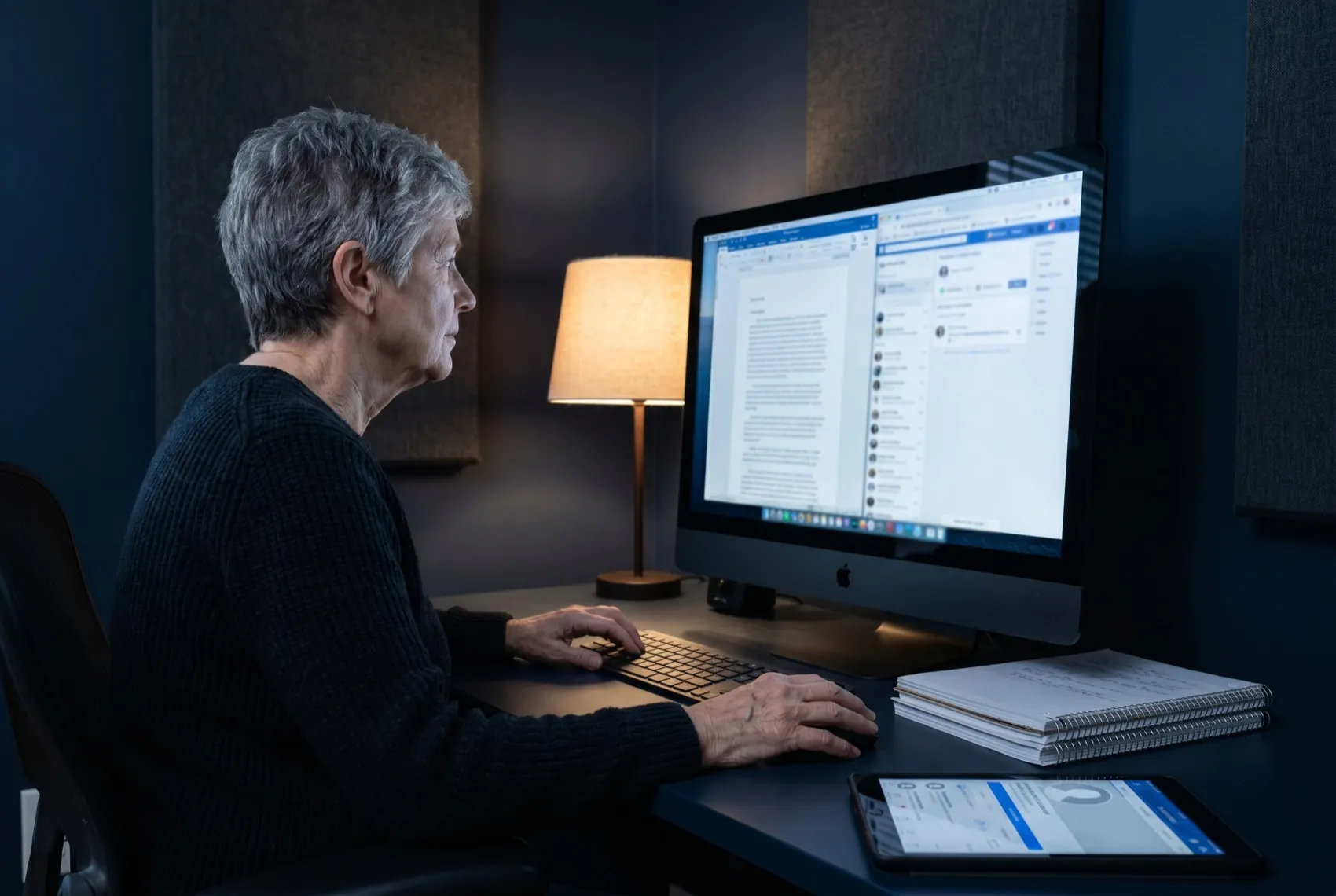 A senior editor reviewing an executive essay draft beside interview notes