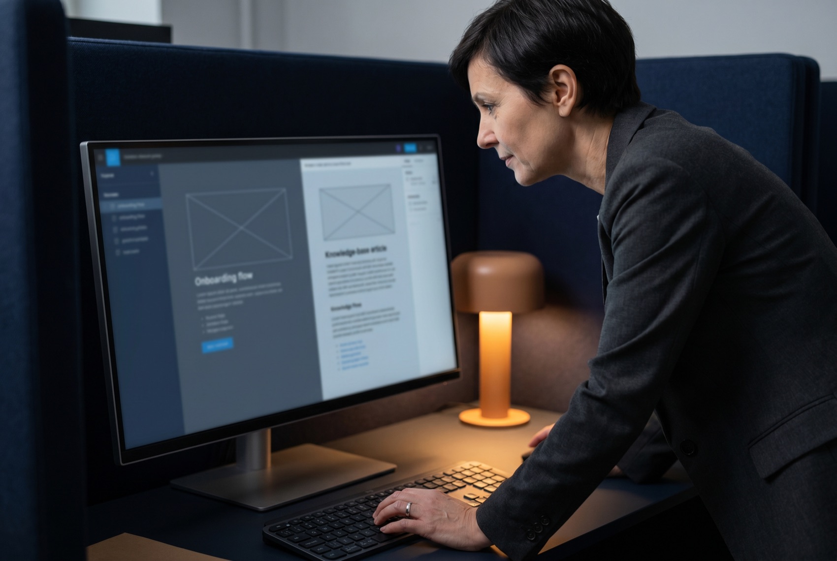 A senior content designer reviewing an onboarding sequence and a knowledge-base article in a headless CMS