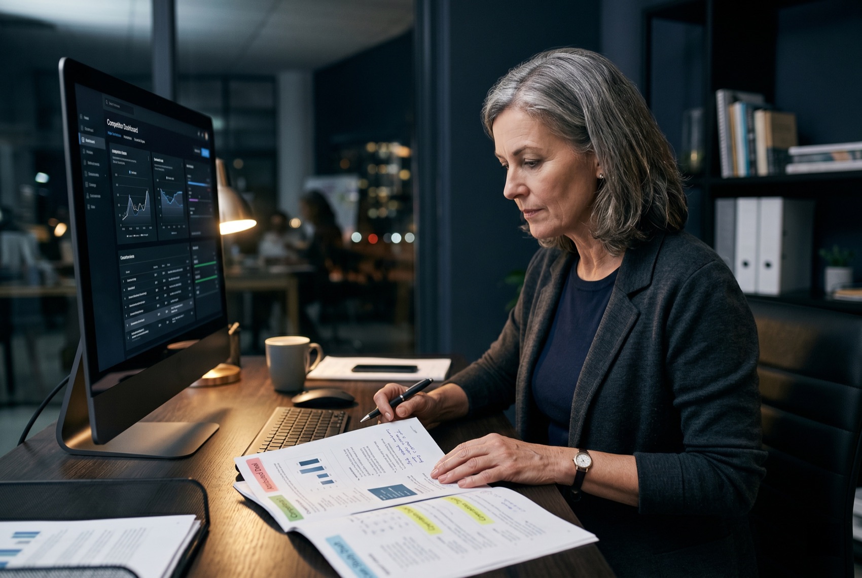 A senior content strategist reviewing a battle card and a case-study draft with attribution tags
