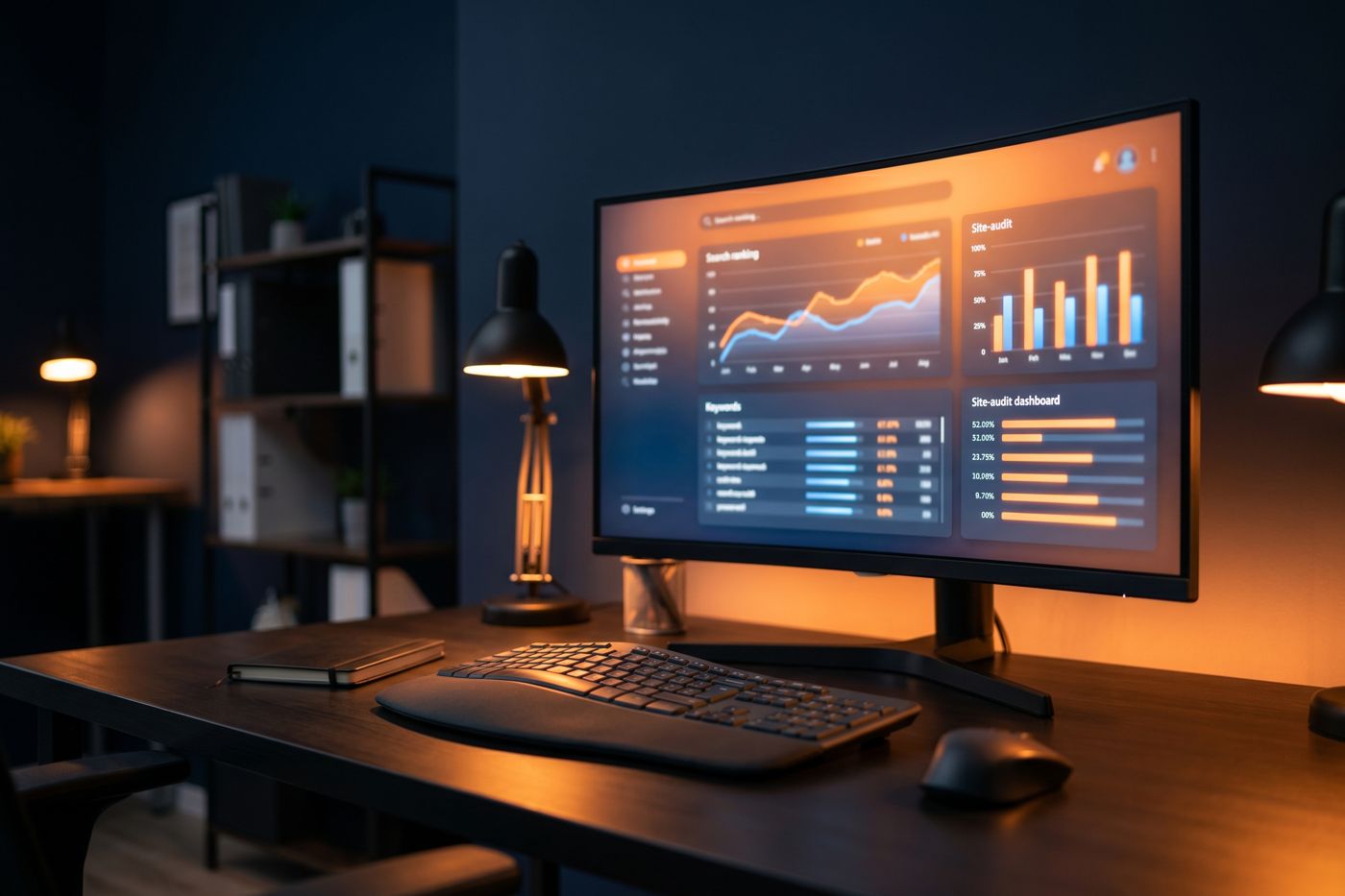 An embedded SEO marketer reviewing keyword rankings and a technical site audit