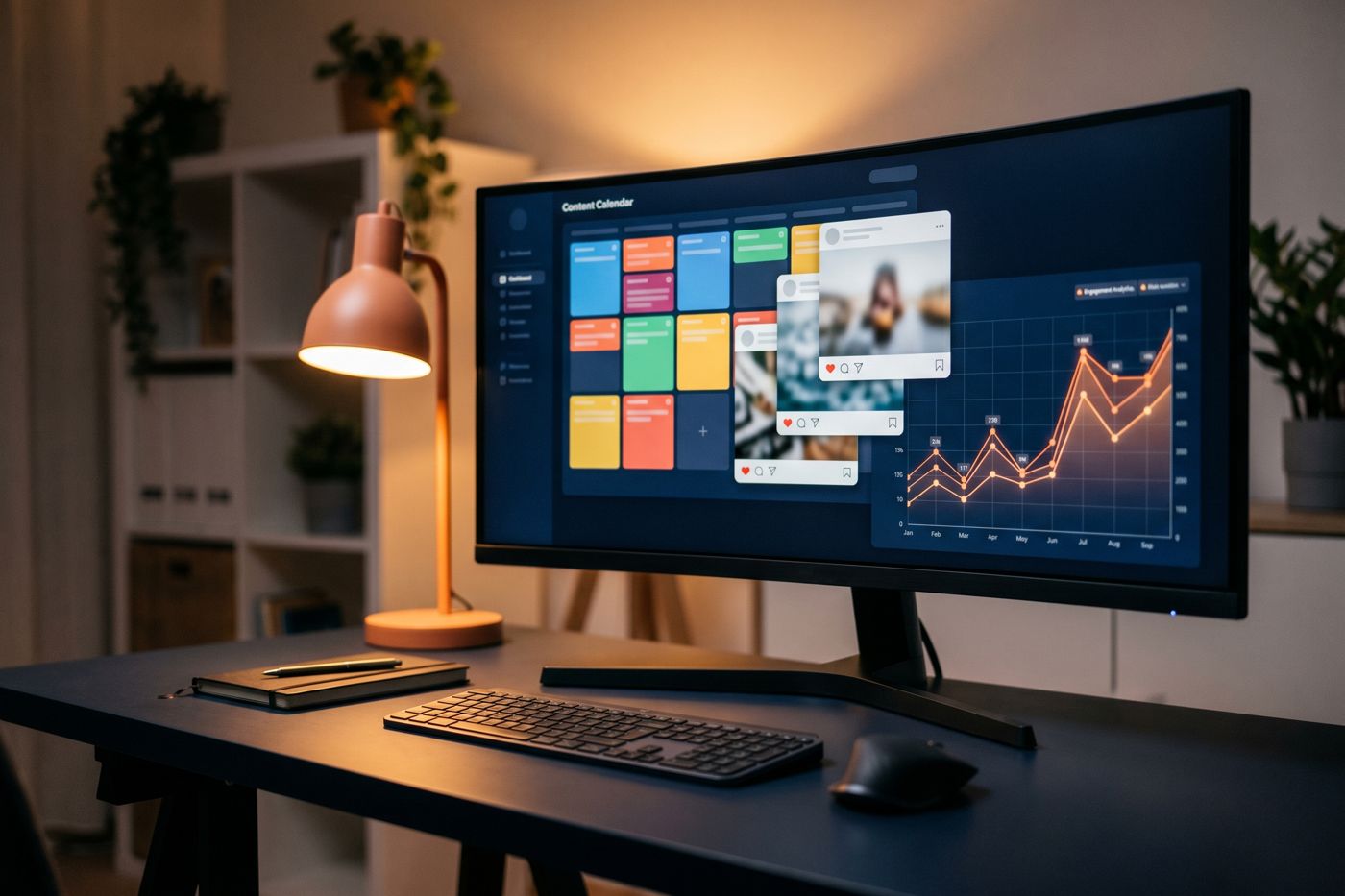 An embedded social media manager planning a content calendar across paid and organic channels