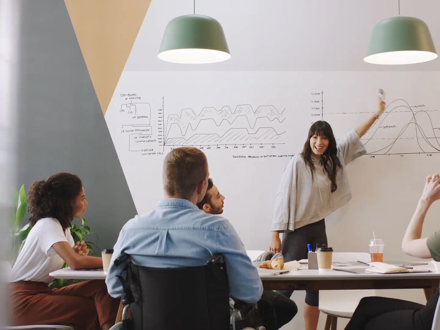 An embedded digital marketer planning a channel mix on a whiteboard alongside the client's product team