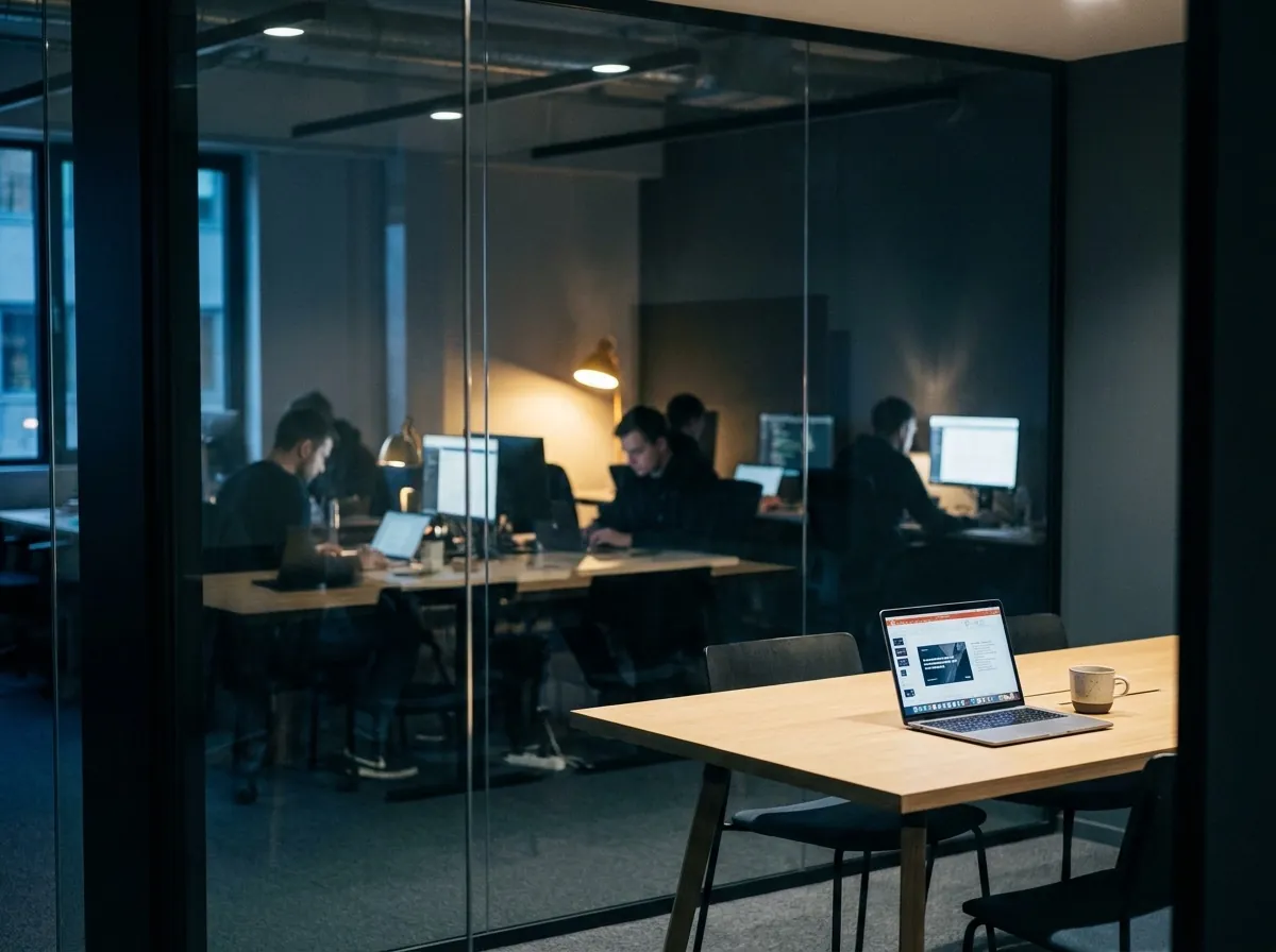 A client-ready meeting room in front, the Resourcifi delivery team working unseen behind the glass