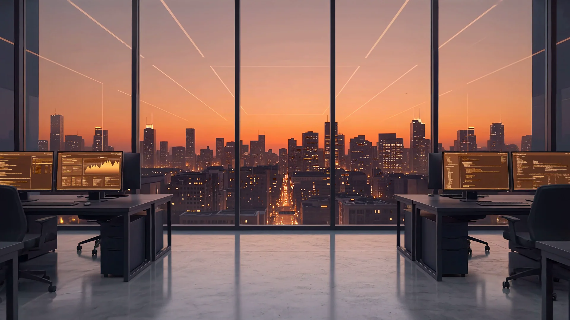 Floor-to-ceiling glass at the end of the studio, the city skyline lit at dusk beyond it
