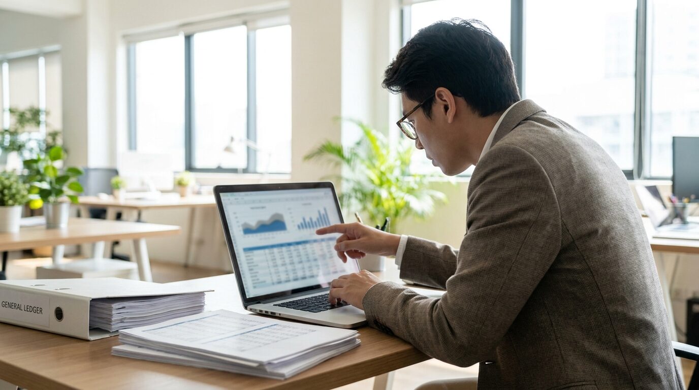 A finance associate reconciling a ledger and preparing month-end close support