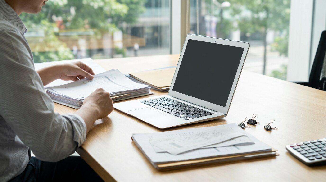 A tax-prep associate organizing workpapers and return-ready documents ahead of a deadline