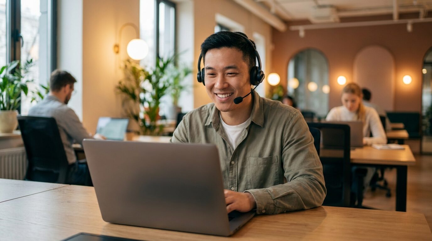 A customer support representative answering email and chat tickets in a help desk