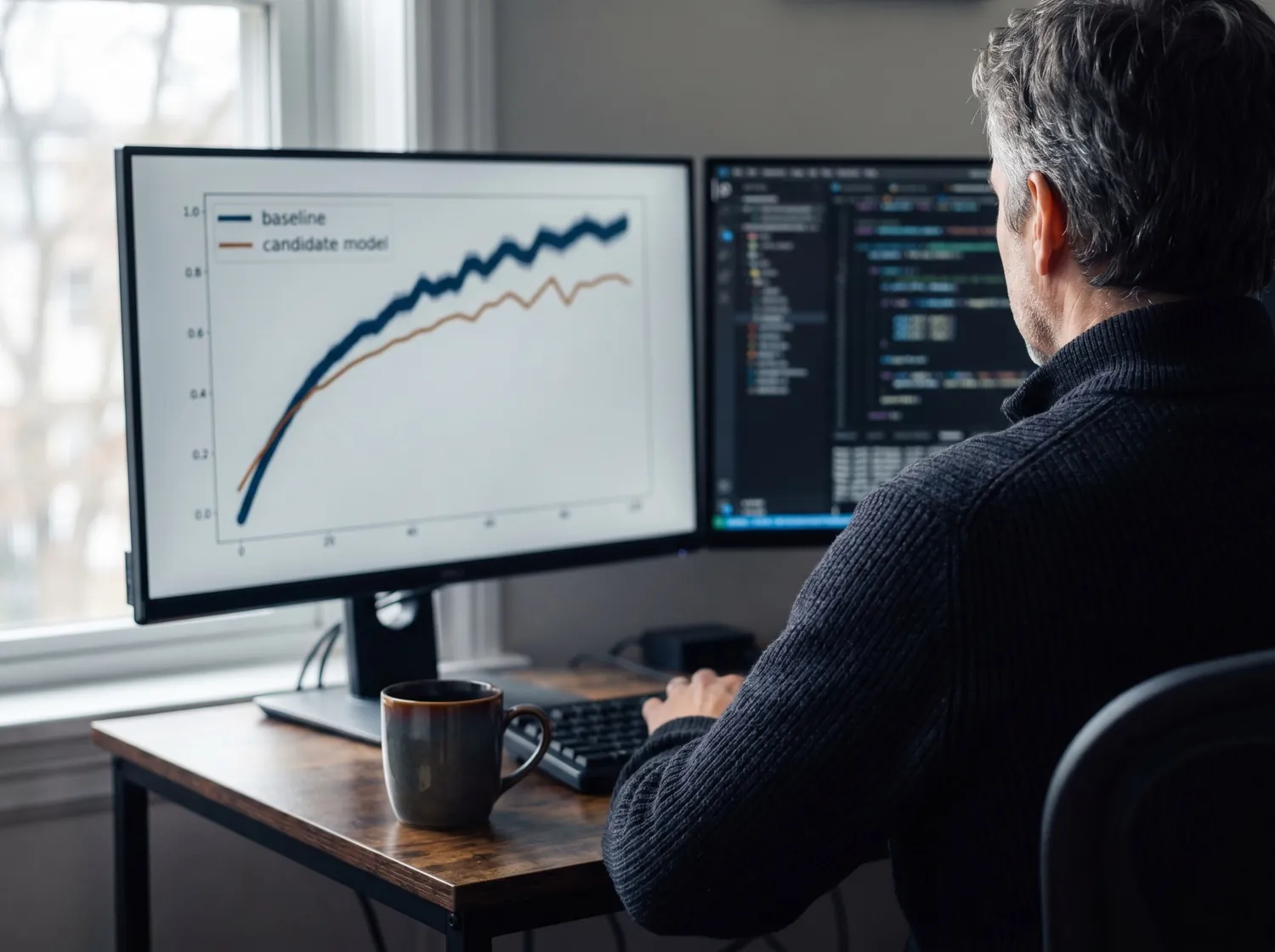A dedicated ML engineer comparing a candidate model against a baseline on the same backtest window