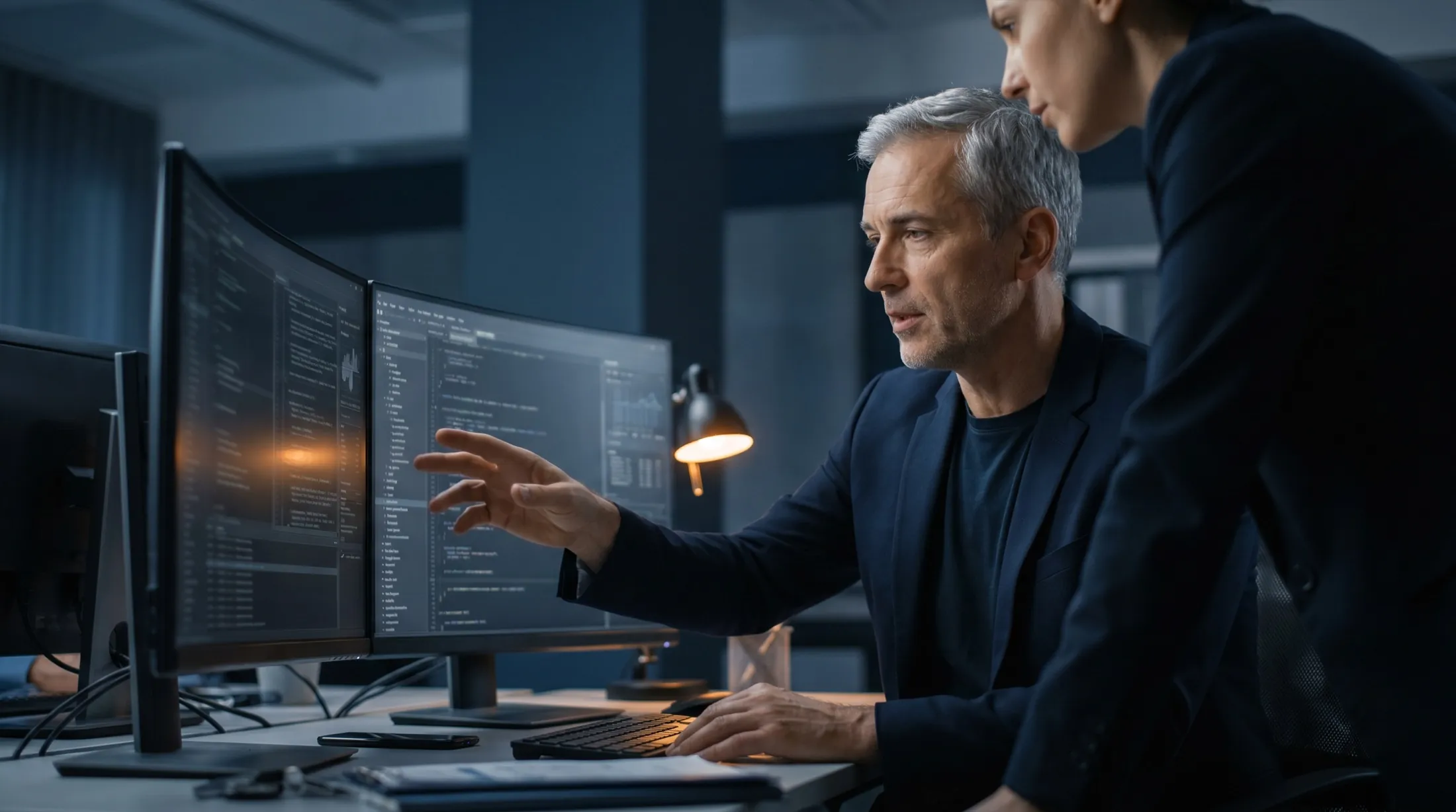 Two engineers reviewing application code on a wide monitor