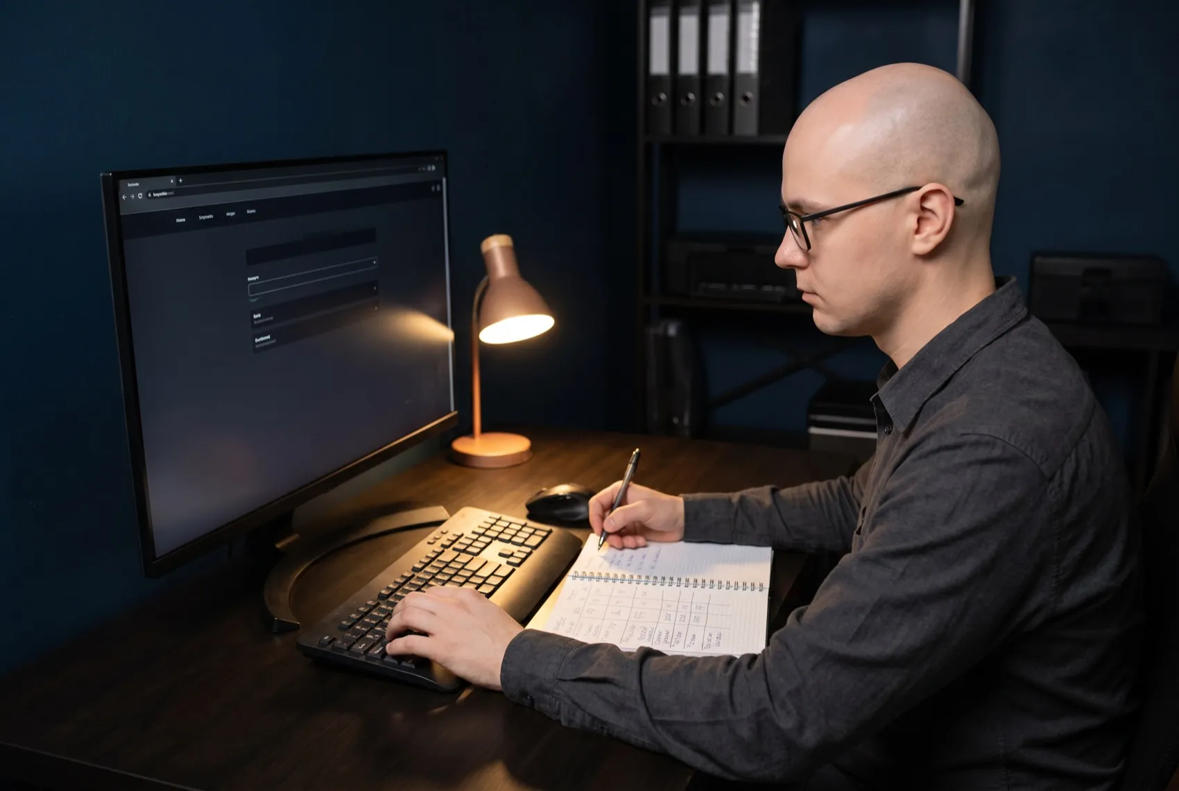 A manual QA tester running an exploratory charter with test-case design and a manual accessibility pass