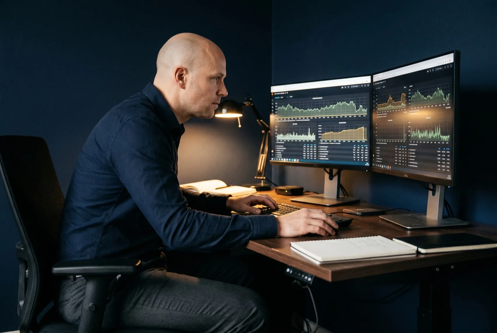 A performance QA engineer reviewing k6 load shapes and latency budgets on a Grafana dashboard