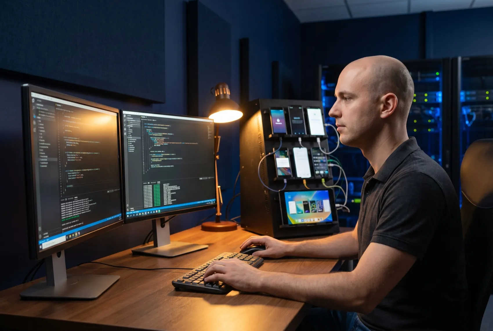 A mobile QA engineer running Appium and Maestro flows across a real-device farm