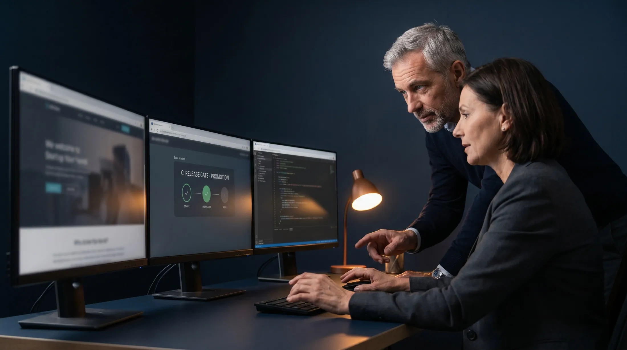 Hire QA engineers: a senior automation and manual testing pod embedded in a CI pipeline reviewing release gates before promotion