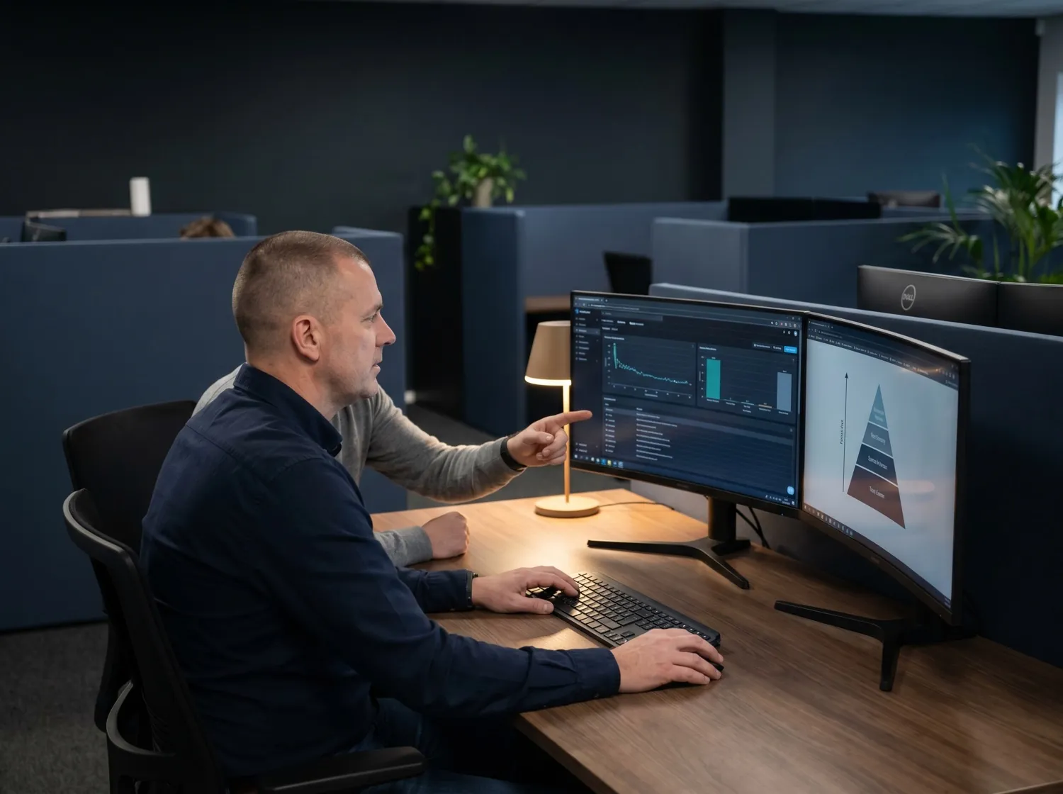 A senior QA engineer reviewing a CI release gate, test pyramid, and flakiness dashboard with an exploratory tester