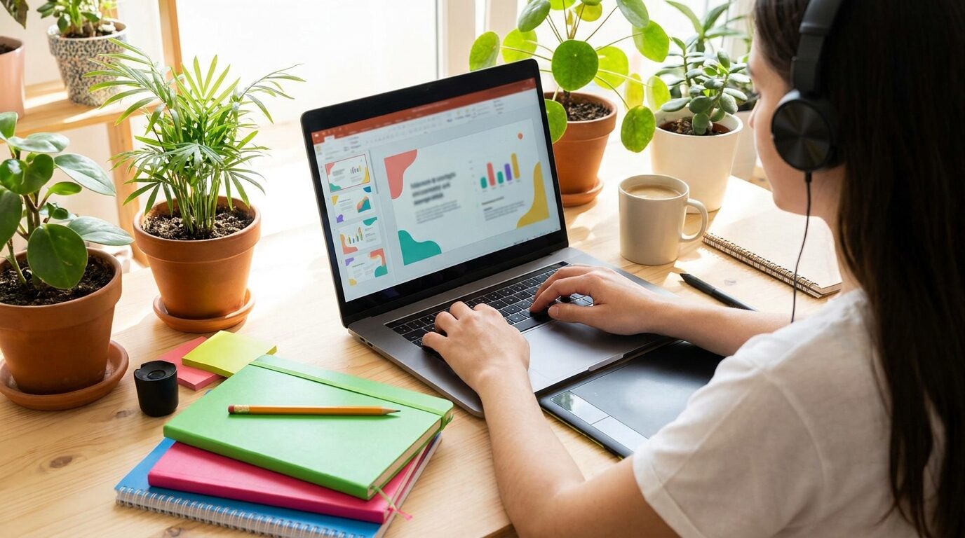 A virtual assistant formatting a slide deck and proofreading a document for a client