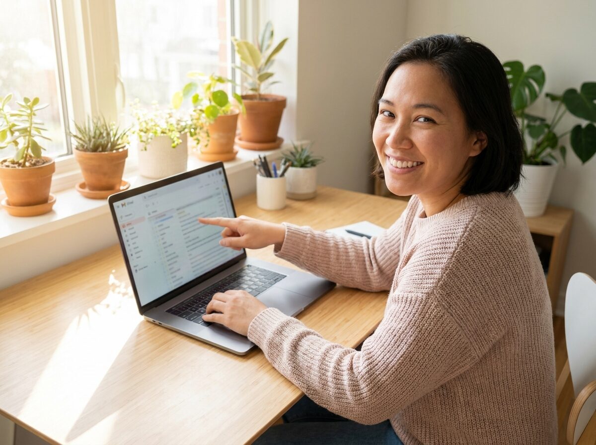 A dedicated virtual assistant working at a tidy desk, managing a shared inbox and calendar for a client