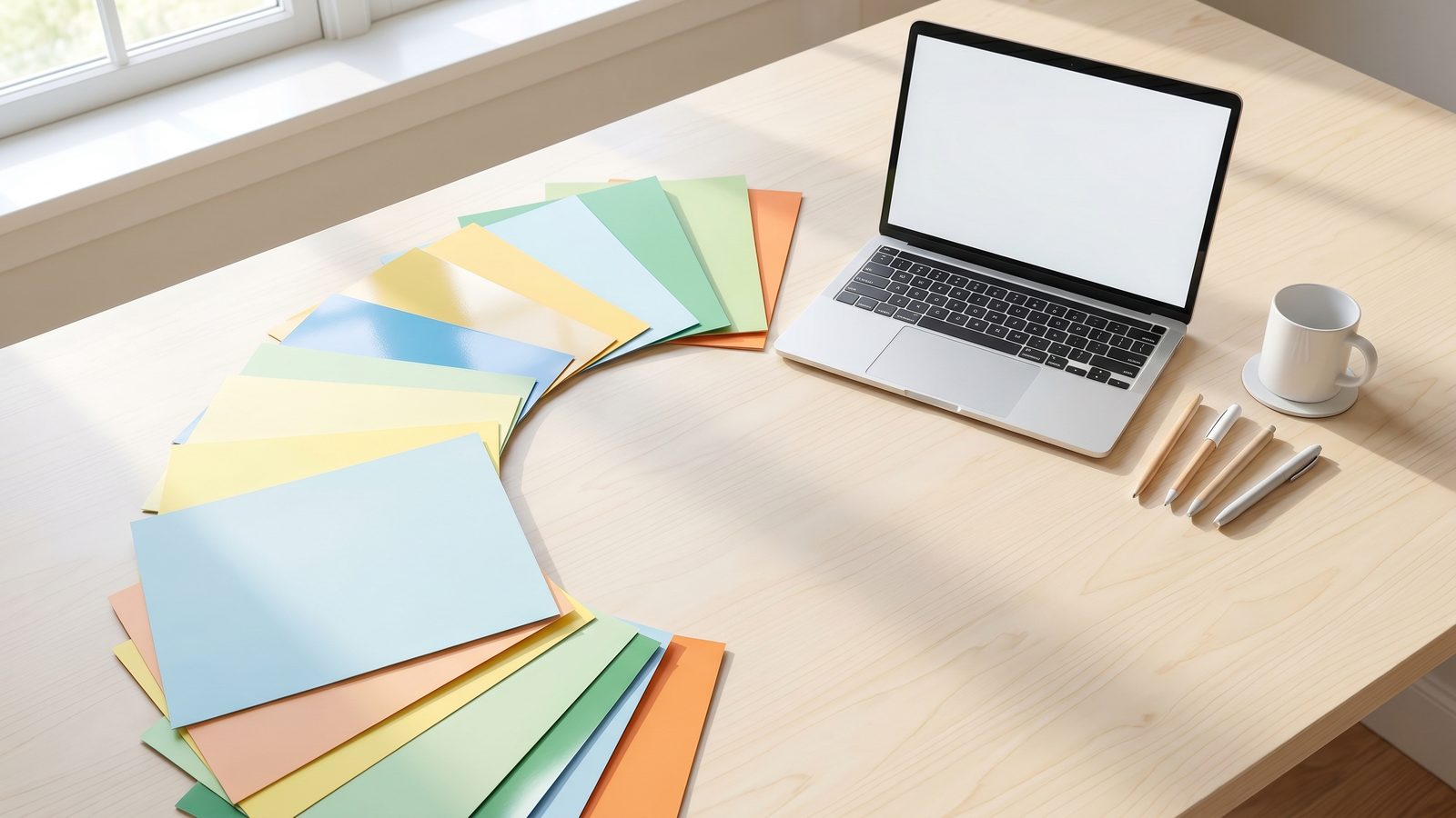 Bright flat lay of colorful paper documents arranged flowing toward an open laptop on a light desk