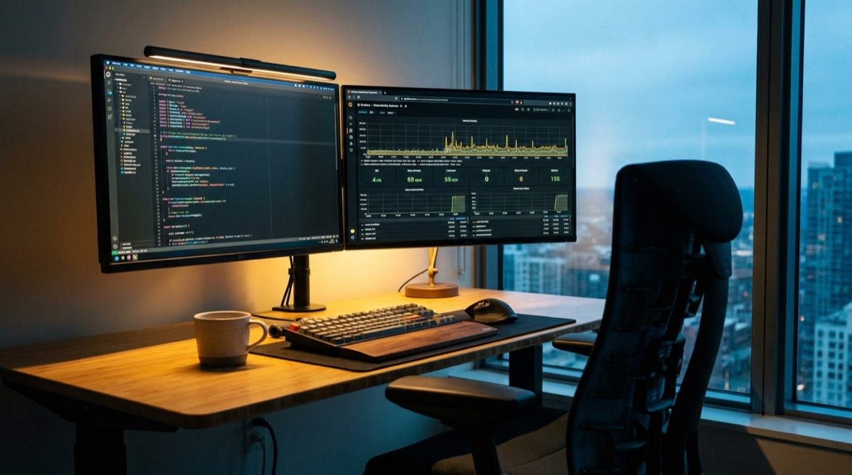 A developer workstation with code and a live monitoring dashboard, representative of how Resourcifi builds