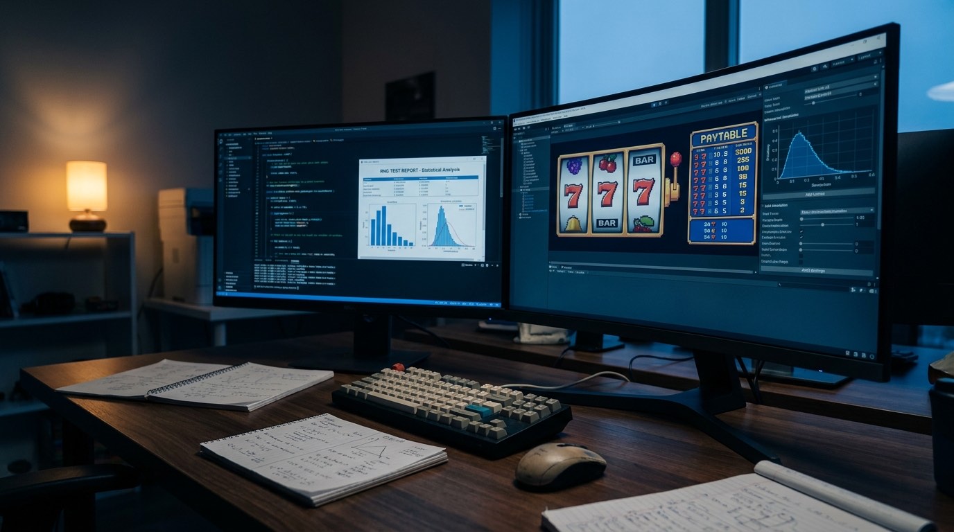 A casino game engineer's desk with a slot-game editor, a paytable and math panel, and an RNG test report on screen