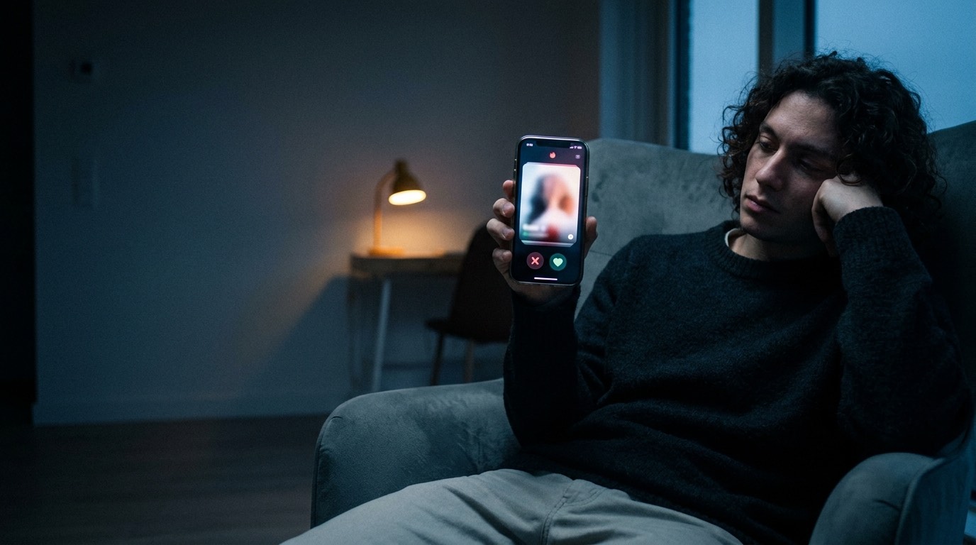 A person using a dating app on a phone, showing profile discovery cards and a match indicator