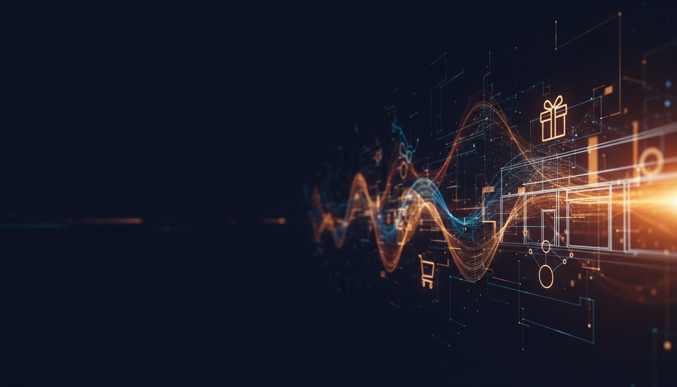 Abstract visualization of ecommerce AI infrastructure and catalog data streams on a deep navy background