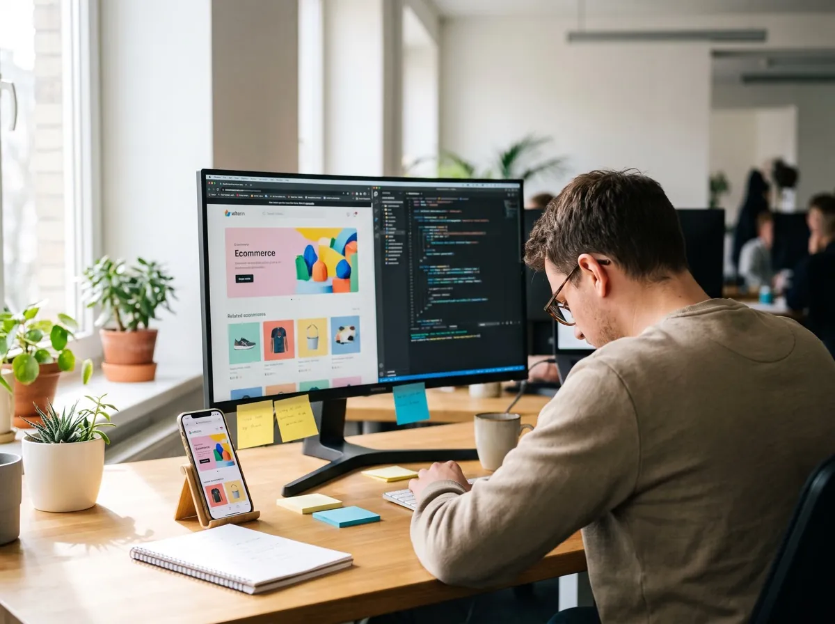 Ecommerce software engineer building a Shopify storefront and checkout on a desktop and a phone