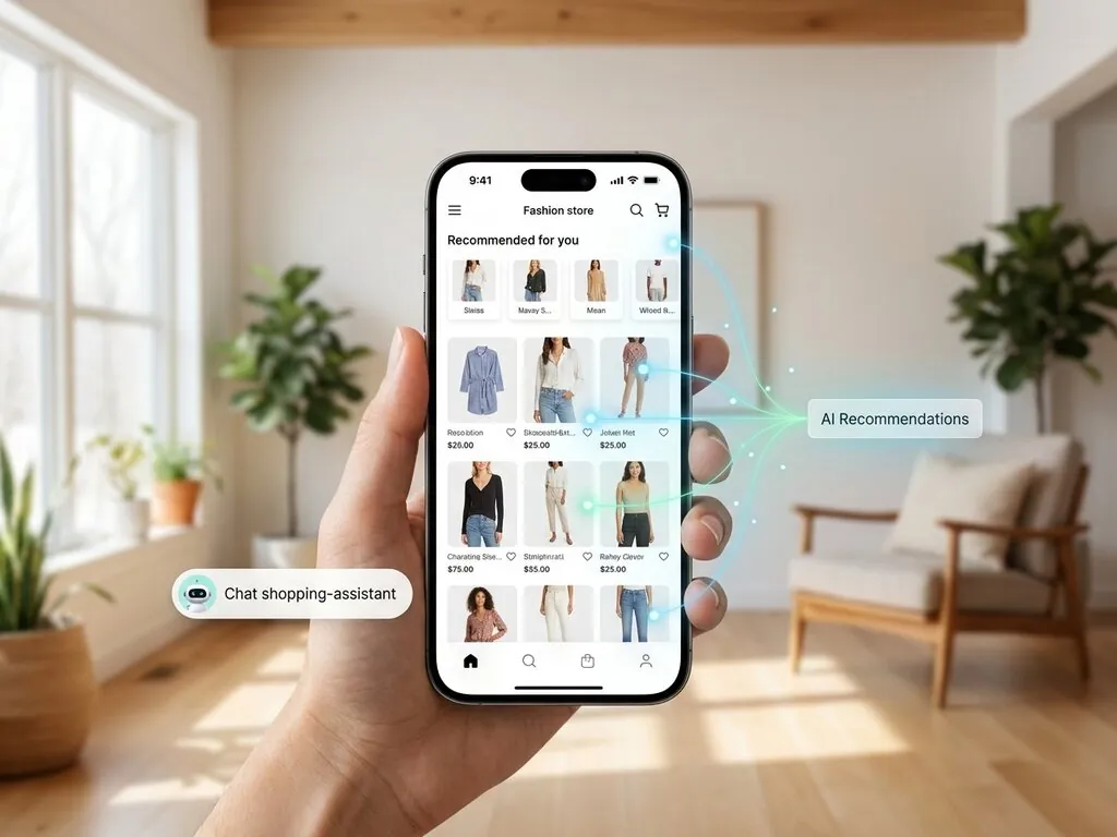 AI for ecommerce: a shopper browsing a personalized product grid and AI shopping assistant on a mobile storefront