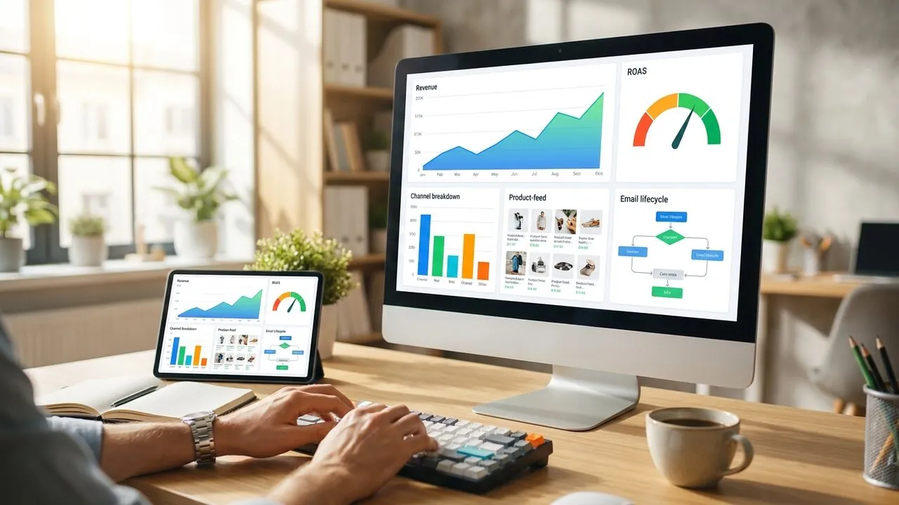 Ecommerce marketing analytics dashboard showing revenue trend, ROAS, channel performance, and a product feed grid
