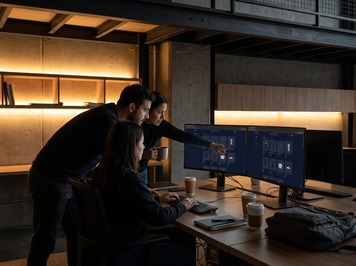 Ecommerce engineers reviewing a retail storefront platform and order management system in a professional dark office setting