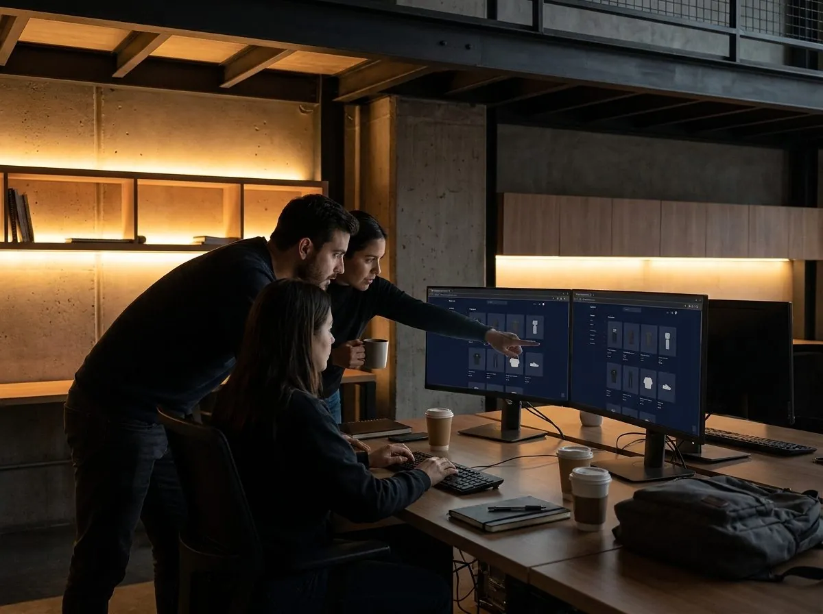 Ecommerce engineers reviewing a retail storefront platform and order management system in a professional dark office setting