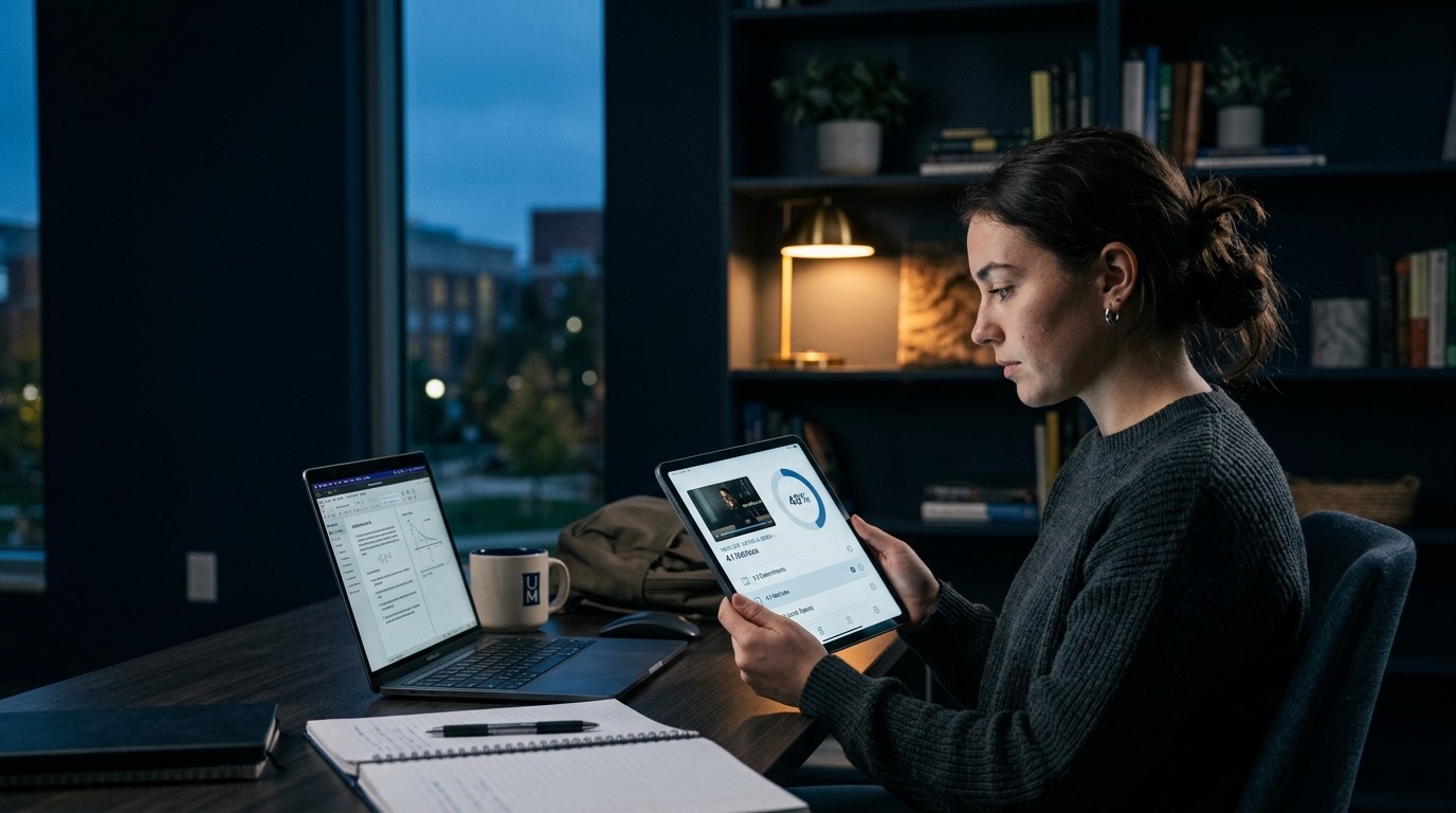 A student using an education app on a tablet, showing a course lesson and progress, beside a laptop with study material