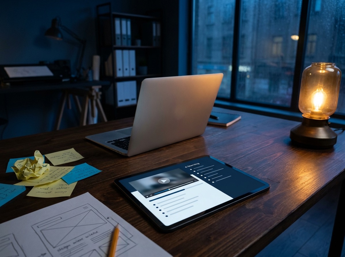 A tablet and laptop on a studio desk showing an e-learning course interface beside a hand-sketched app wireframe
