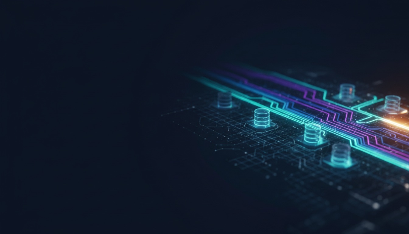Abstract visualization of enterprise AI infrastructure and system-of-record data streams on a deep navy background