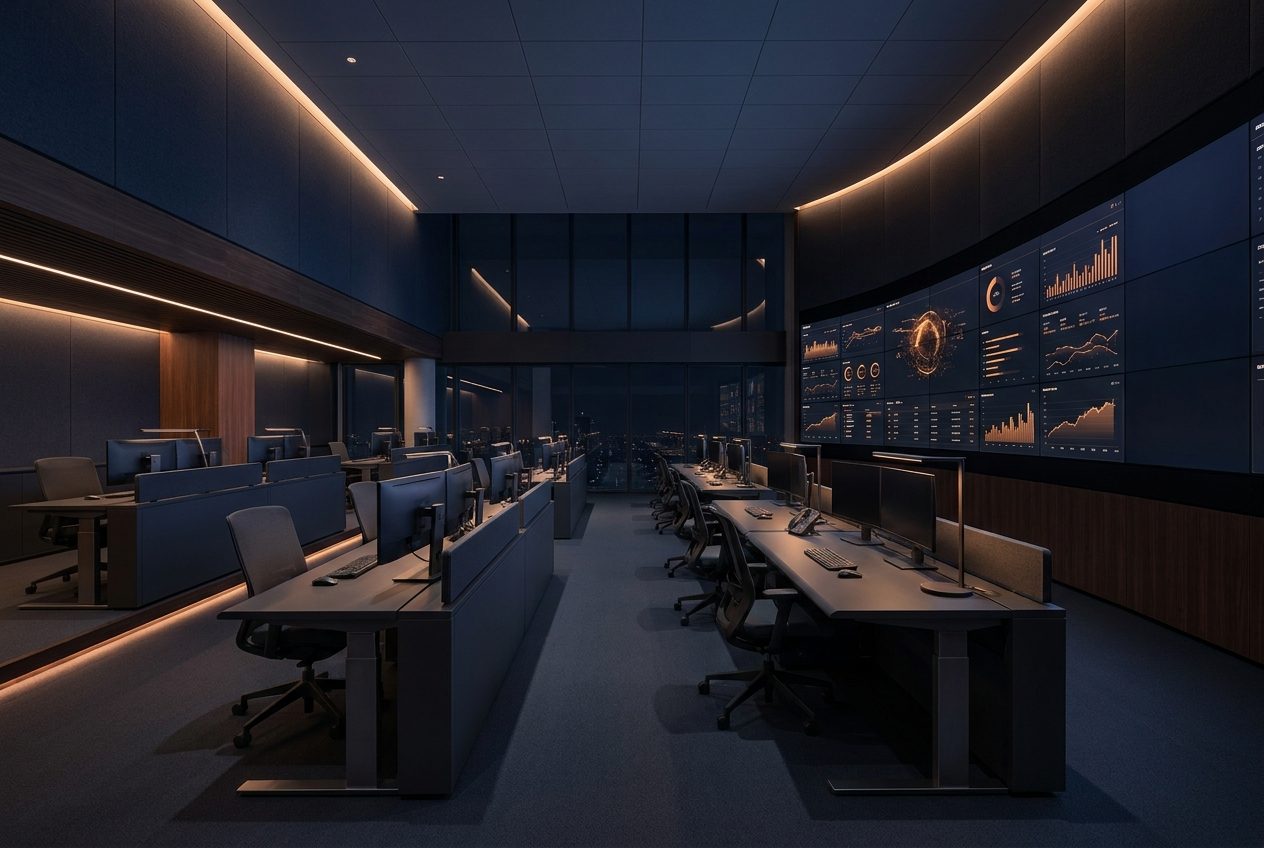 Resourcifi industries: an enterprise operations center representing the regulated, data-intensive systems we build across industries