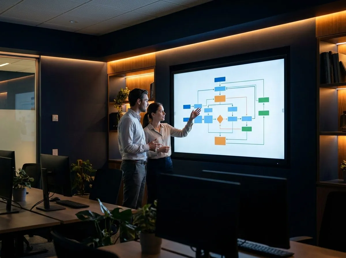 Enterprise engineers reviewing a custom platform and system integration map in a professional office