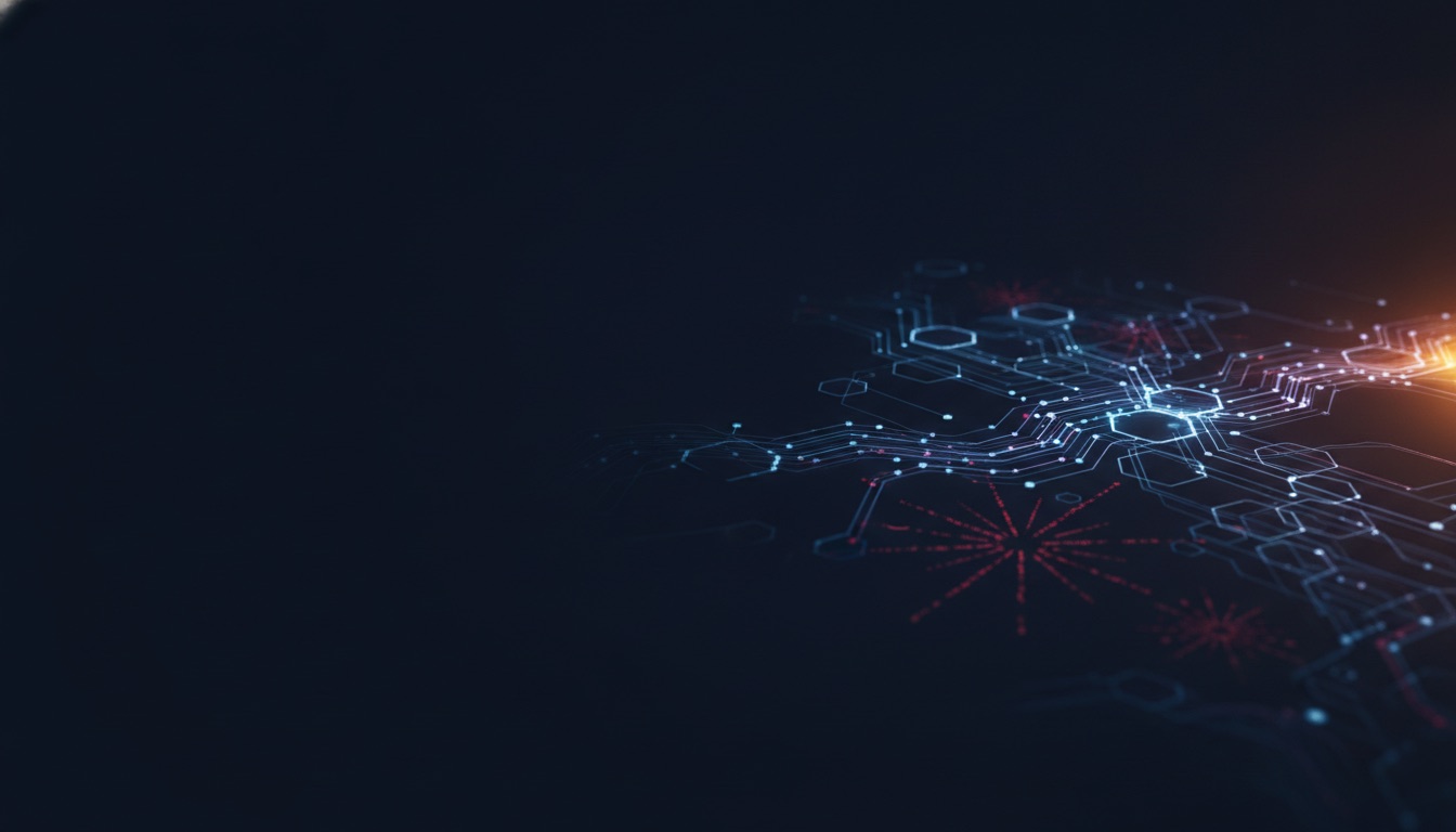 Abstract visualization of fintech AI infrastructure and transaction data streams on a deep navy background