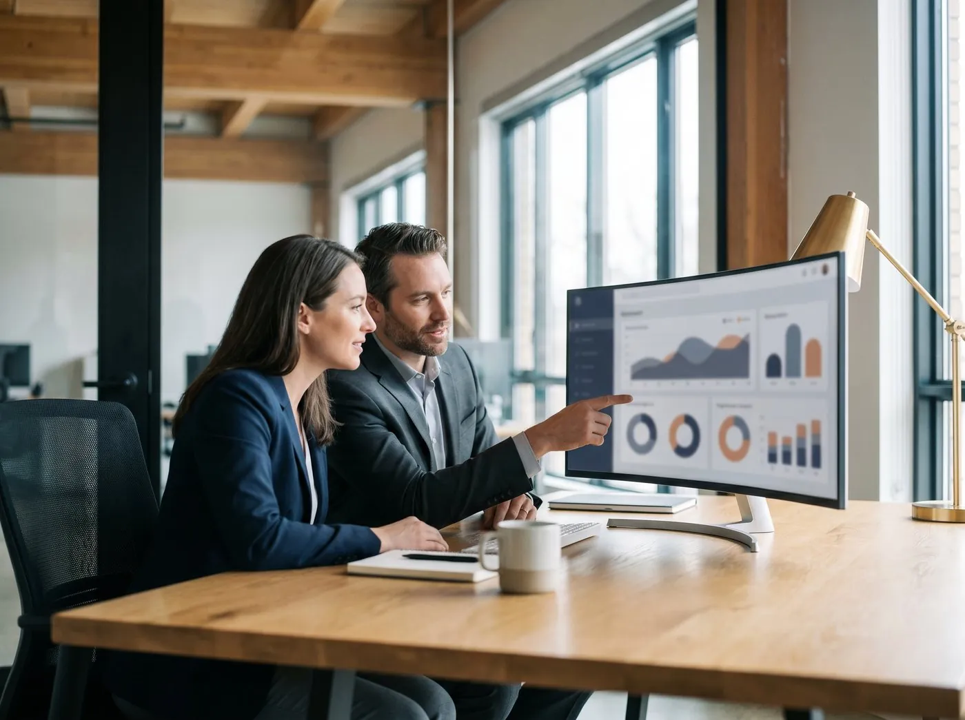 Fintech engineers reviewing a payments platform and ledger system in a professional office